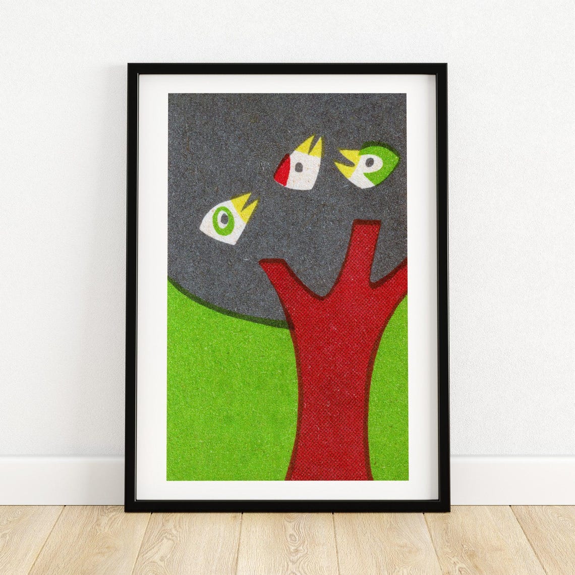 Three Birds on Red Tree Green Vintage Matchbox Art Poster Bold