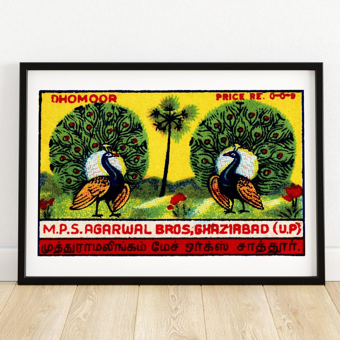 Dhomoor Twin Peacocks Fanned Tails Vintage India Match Label Poster