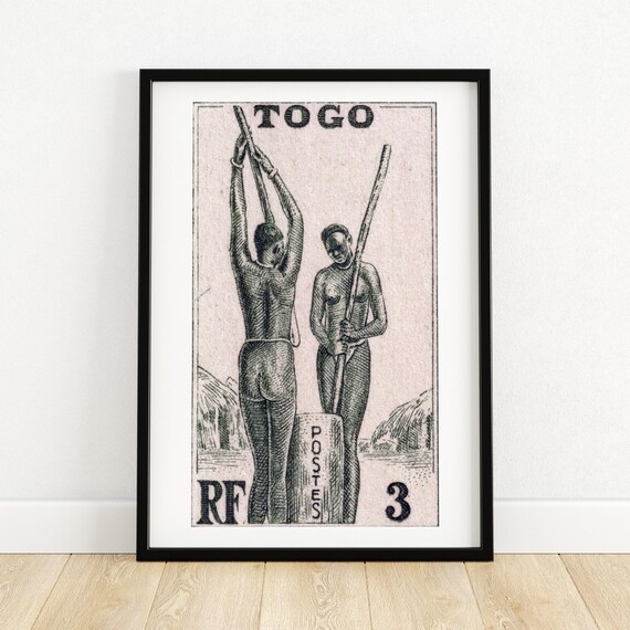 Pounding Grain Vintage African Art Postage Stamp Print Aesthetic Wall Art Postage Stamp Wall Poster Vintage Poster Print