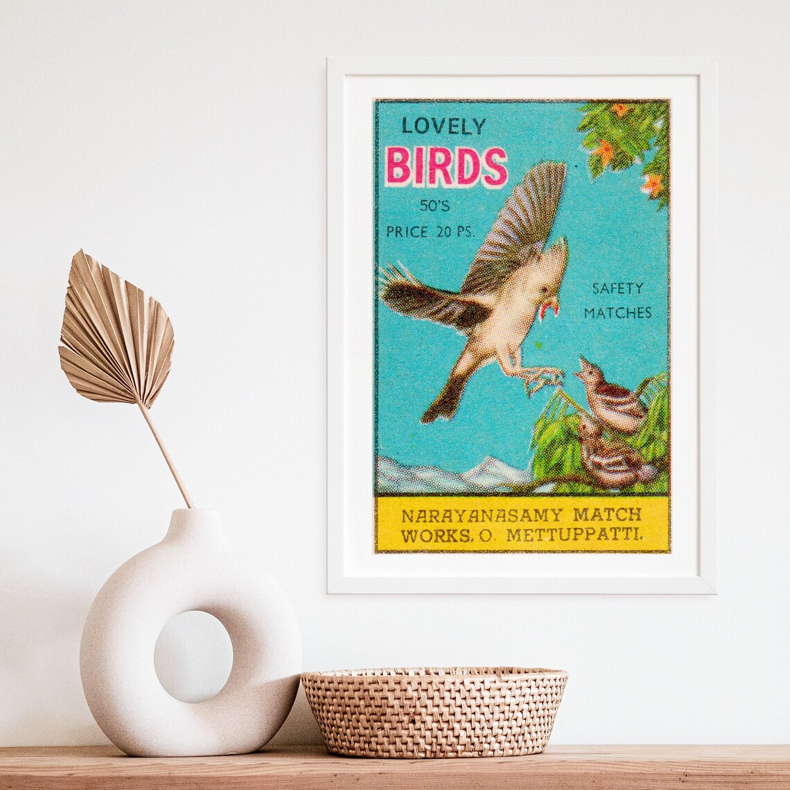 Lovely Birds 1950s Indian Safety Matches Teal Label Art Poster - Image 4