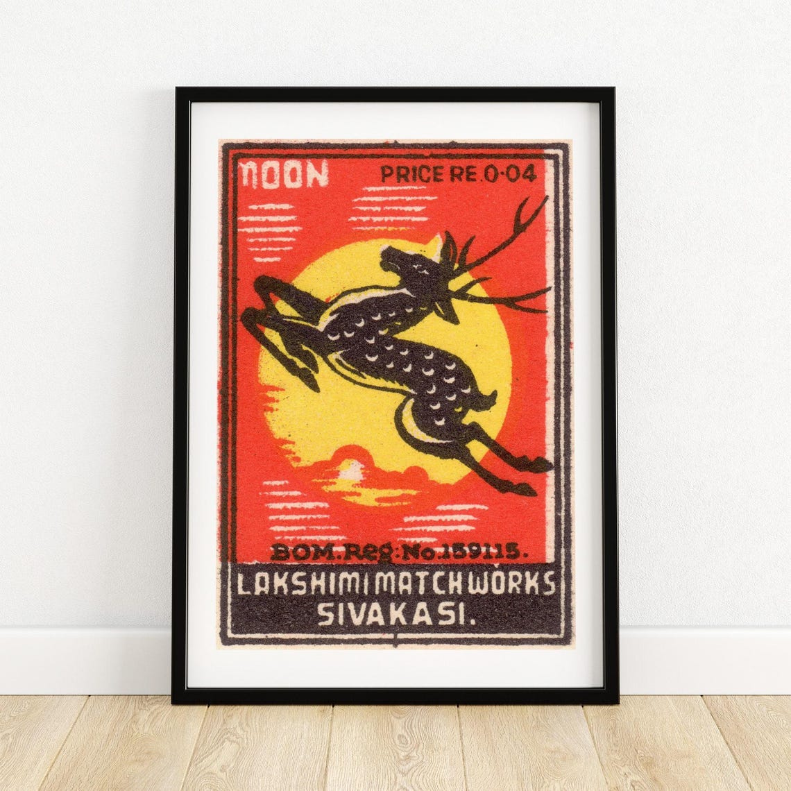 Moon Leaping Deer Vintage Indian Matchbox Label Wildlife Art Poster