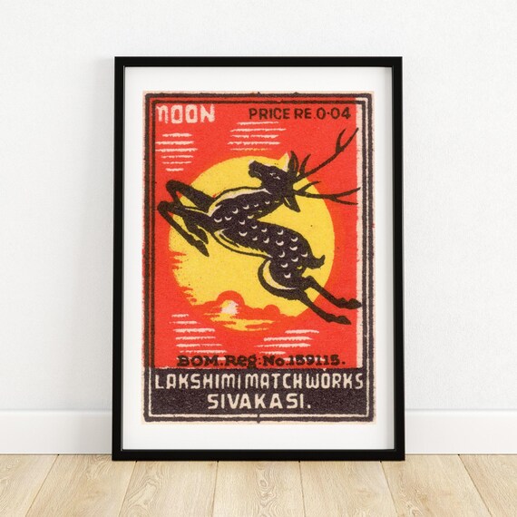 Moon Leaping Deer Vintage Indian Matchbox Label Wildlife Art Poster