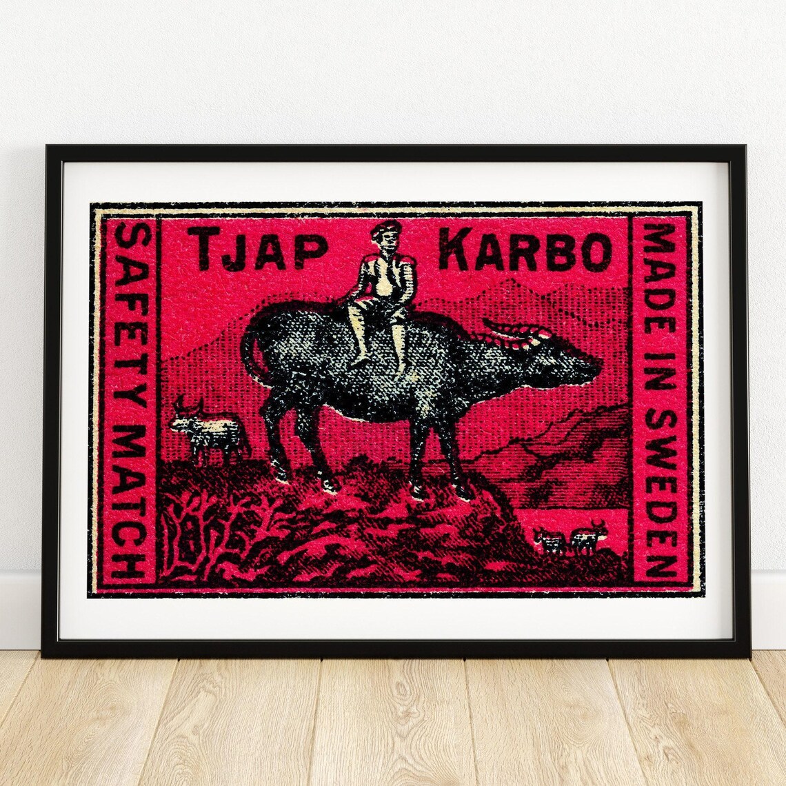 Tjap Karbo Water Buffalo Rider Vintage Swedish Match Label Poster