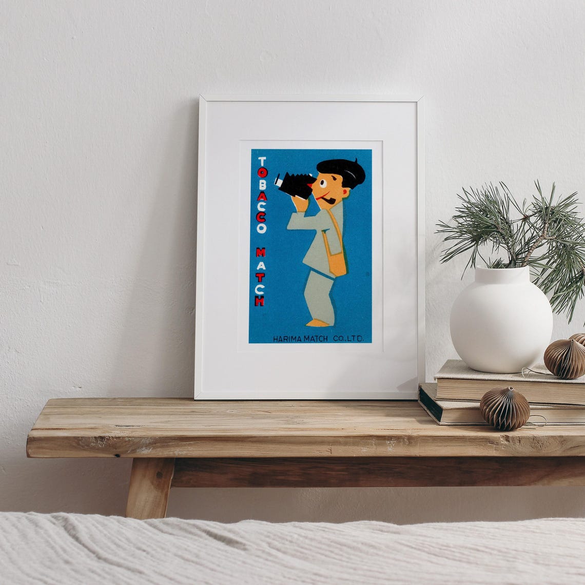 Harima Tobacco Match Boy With Camera Blue Label Art Vintage Poster - Image 3