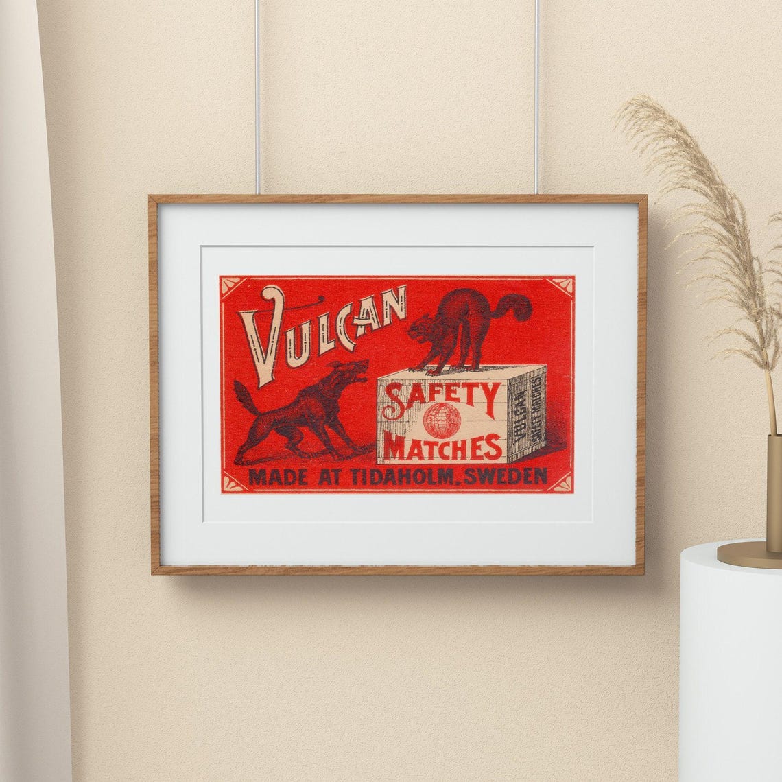 Vulcan Dog Versus Cat Fight Vintage Swedish Matchbox Label Poster - Image 2