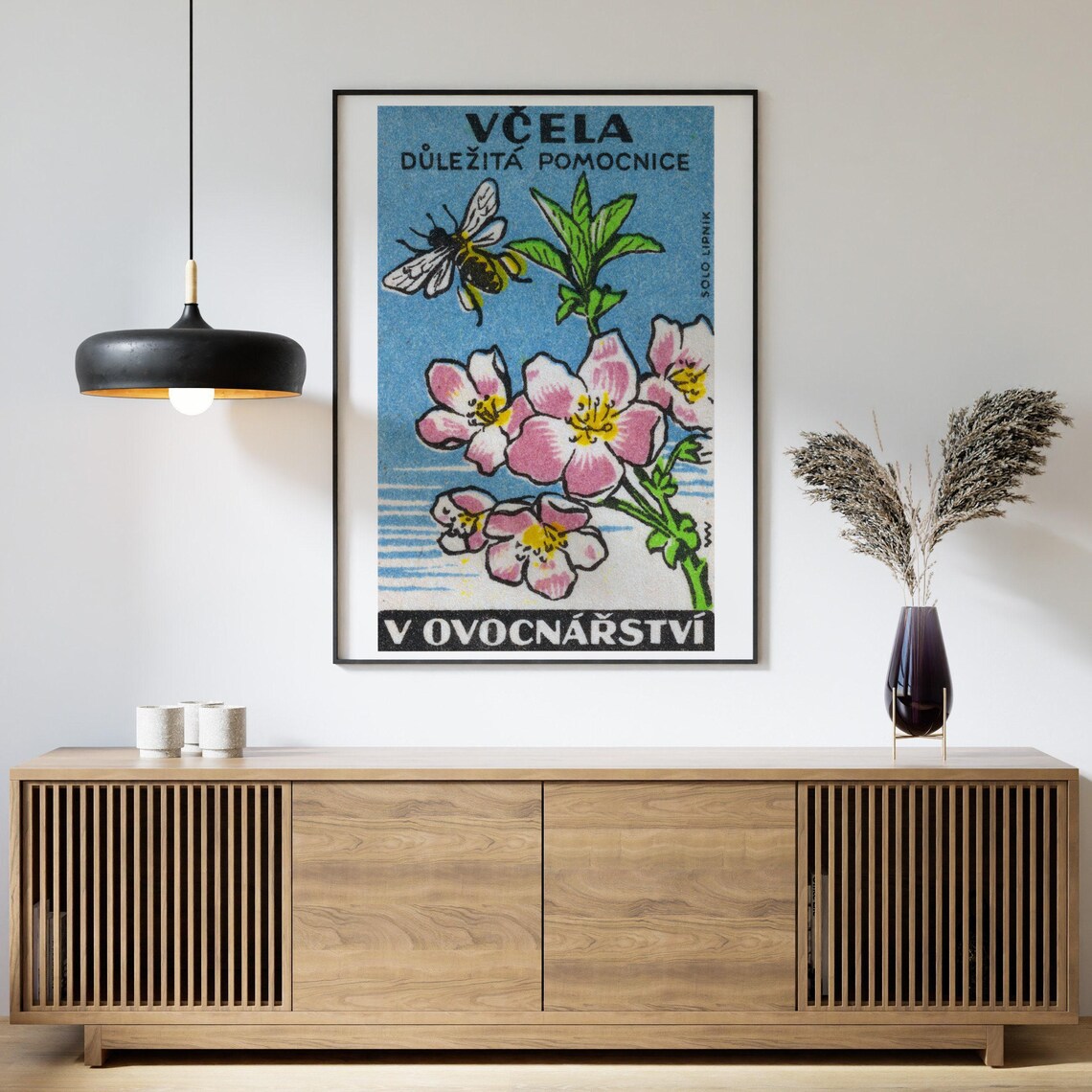 Pink Flower Yellow Bee Matchbox Vintage Czech Art Print - Image 4