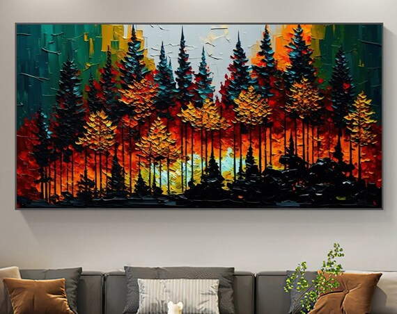 Original Forest Oil Painting On Large Wall Art Abstract Colorful Tree Painting Boho Wall Decor Custom Painting Living Room Wall Decor