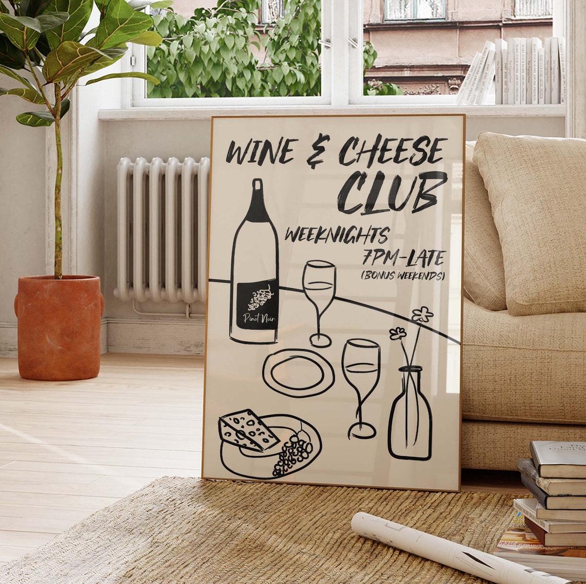 Wine and Cheese Club Weeknights Bold Black Ink Kitchen Poster - Image 3