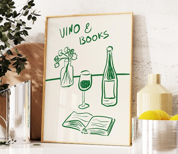 Vino and Books Green Line Art Wine Book Lover Kitchen Art Poster