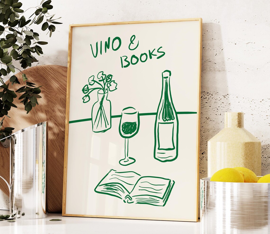 Vino and Books Green Line Art Wine Book Lover Kitchen Art Poster