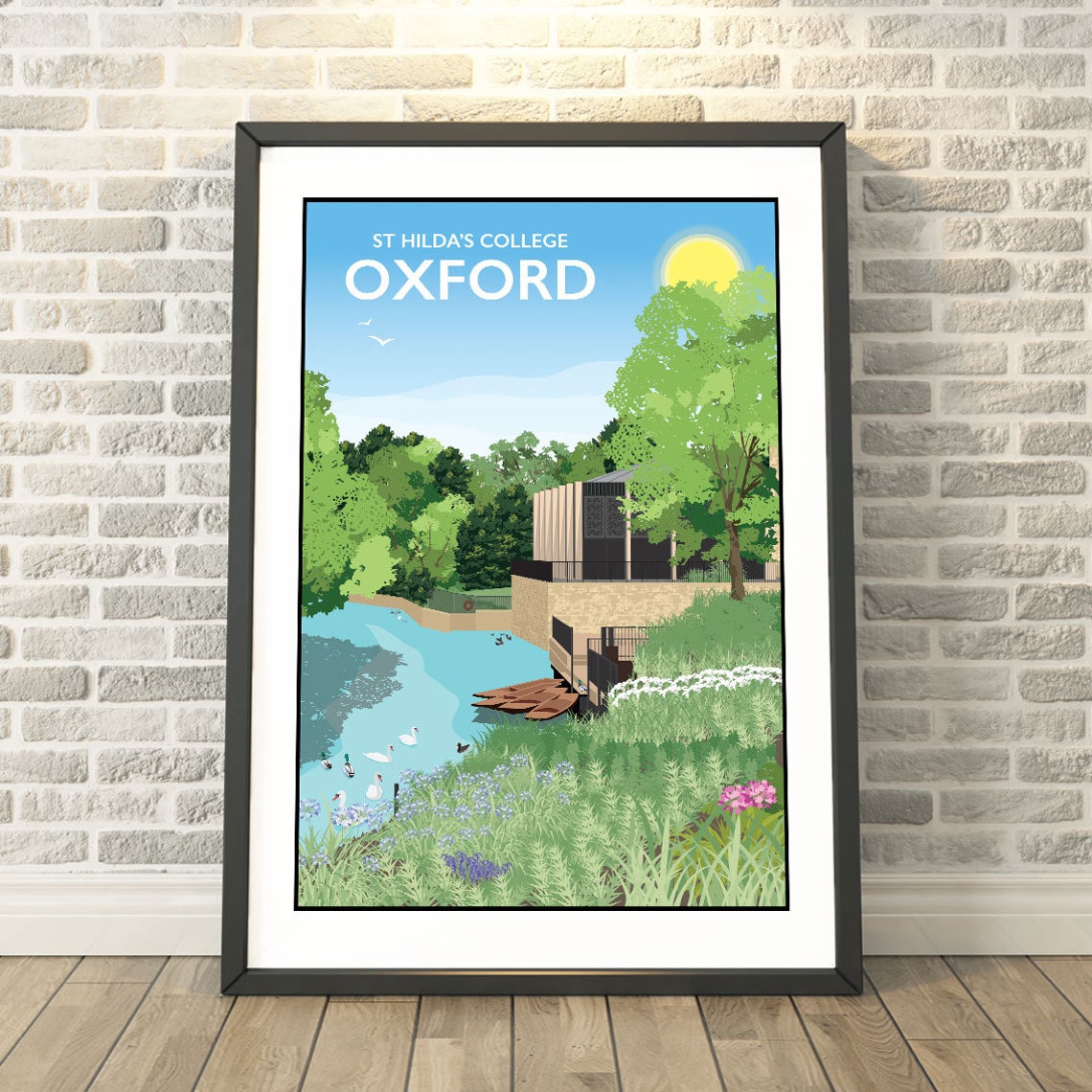 Historic St Hildas College Oxford River Vintage Travel Poster