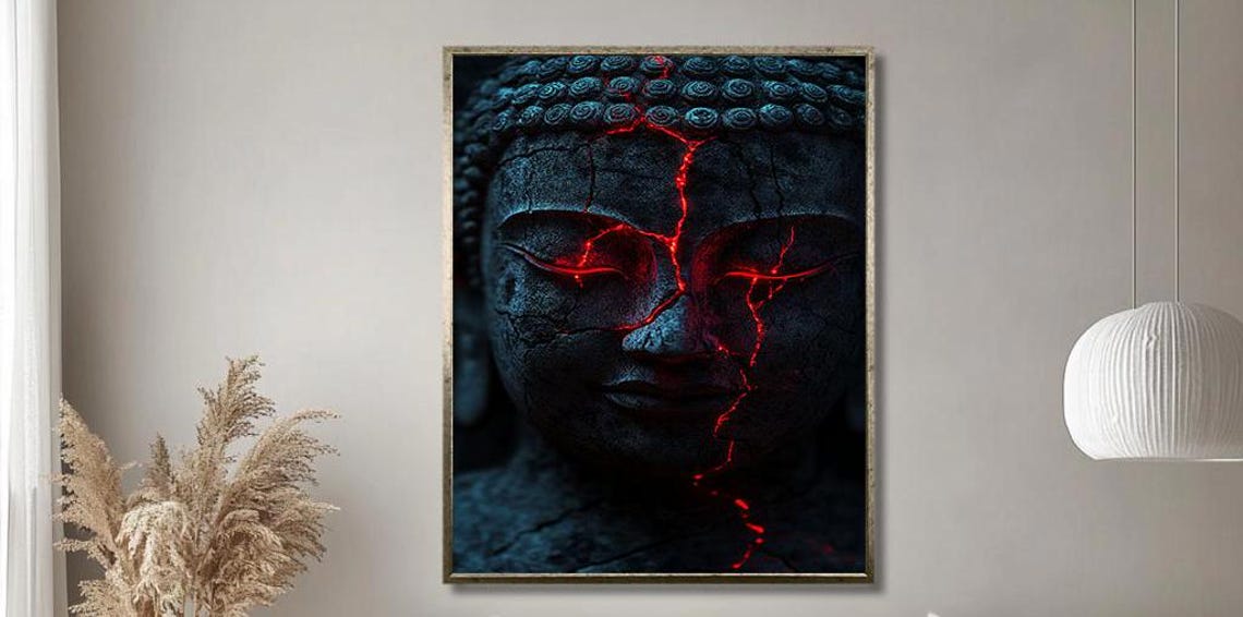 Cracked Stone Buddha Face With Red Glowing Cracks Zen Art Poster