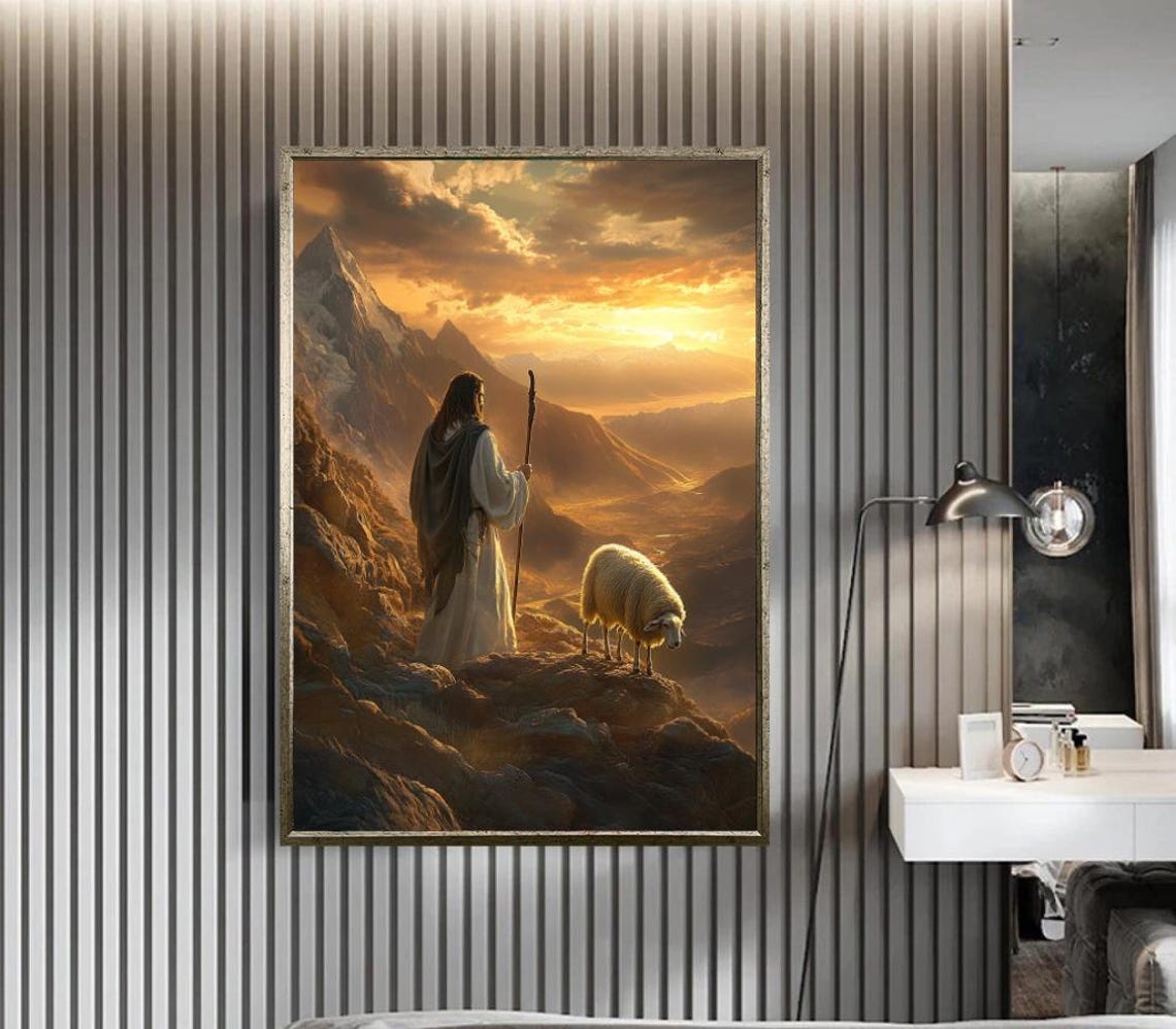 Shepherd With Staff And Sheep On Mountain At Golden Sunset Poster