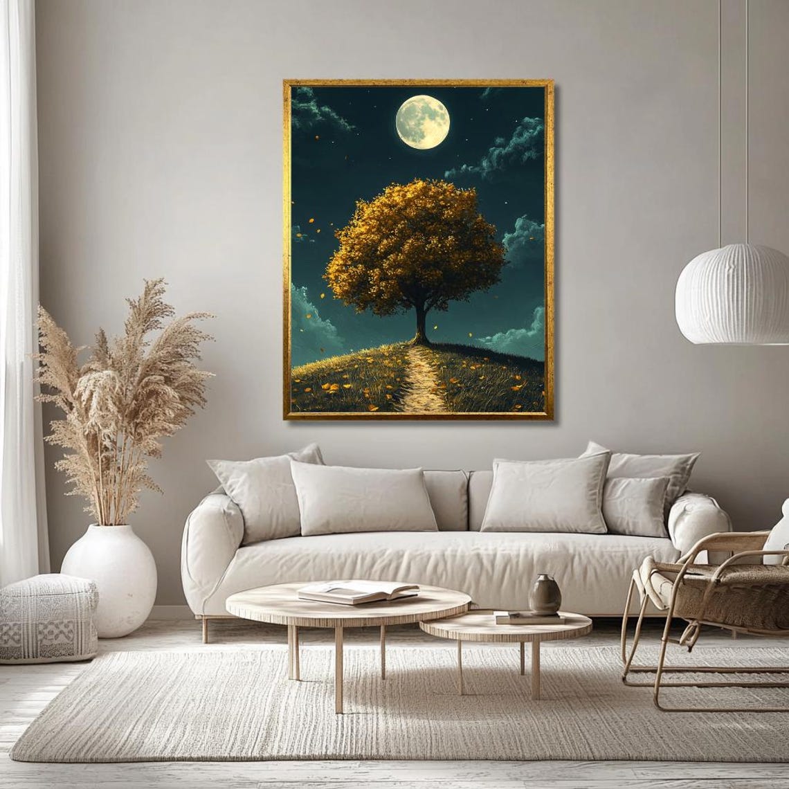 Magical Moonlit Lone Tree Under Full Moon Autumn Night Poster - Image 3