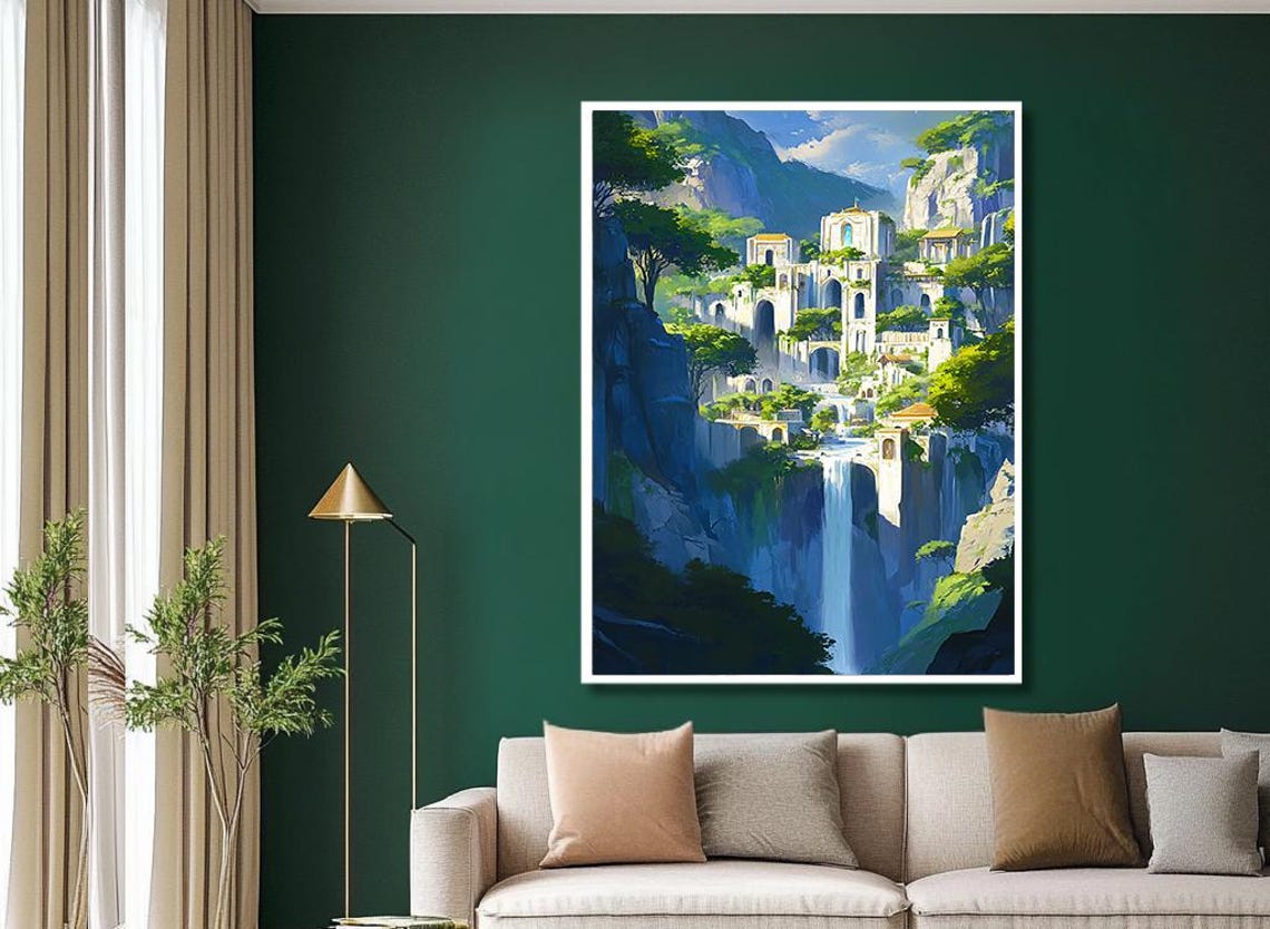 Cliffside Village Waterfall Mediterranean Dream Fantasy Print