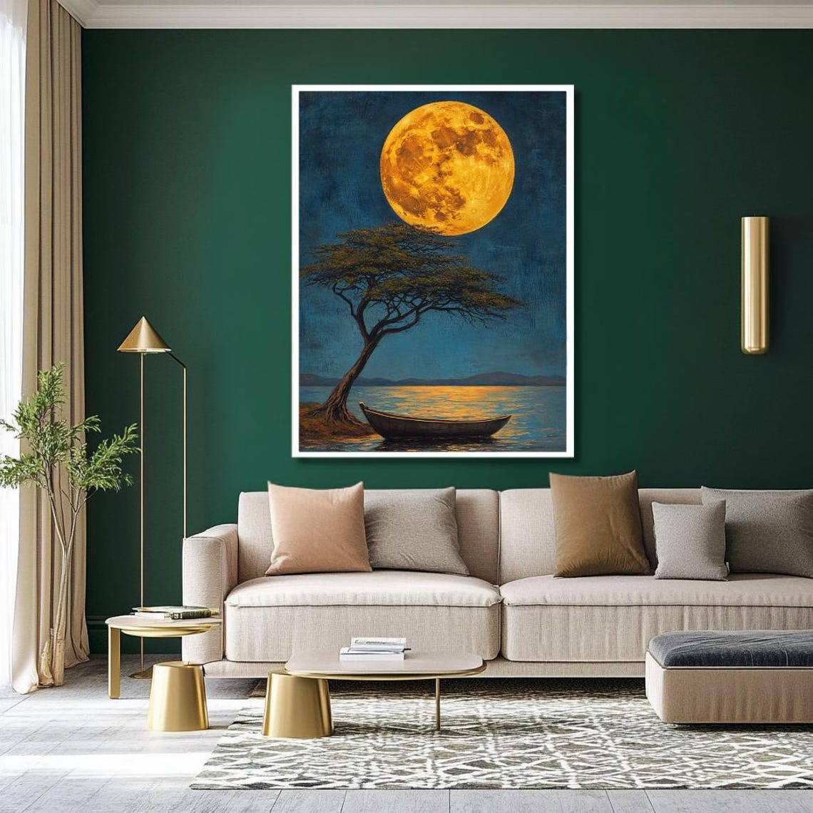 Huge Golden Moon Over A Lake With Windswept Tree And Boat Poster - Image 2