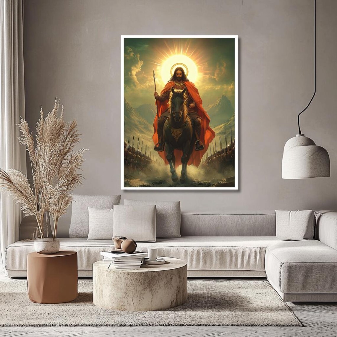 Warrior King on Black Horse Sunburst Army Religious Art Poster - Image 2