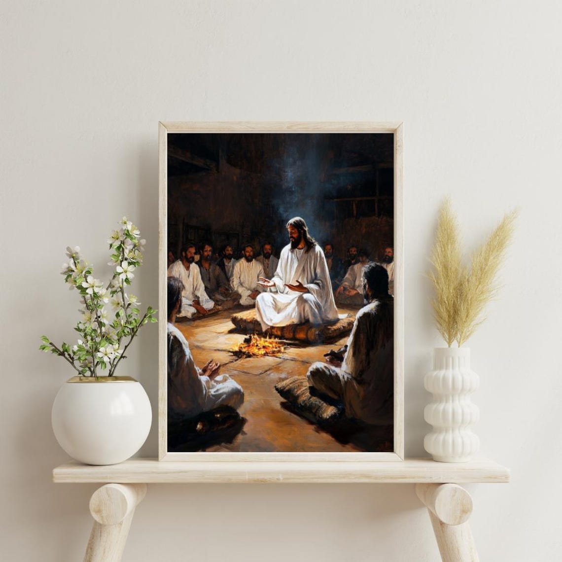 Jesus Teaching Disciples Around Firelight Biblical Scene Art Poster - Image 3