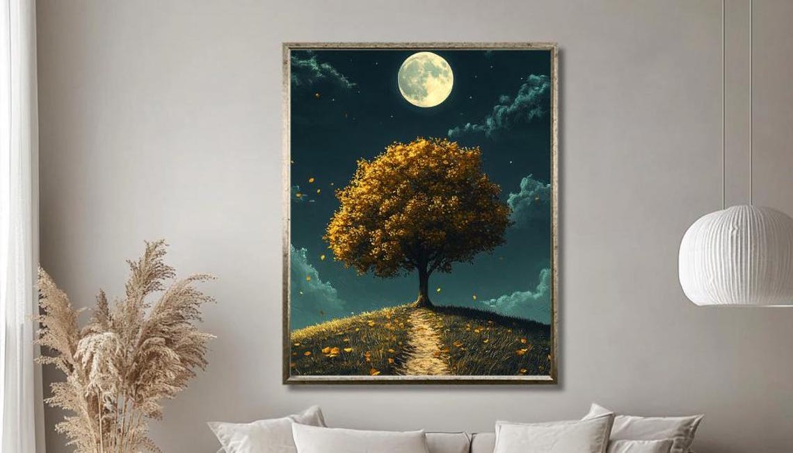 Magical Moonlit Lone Tree Under Full Moon Autumn Night Poster