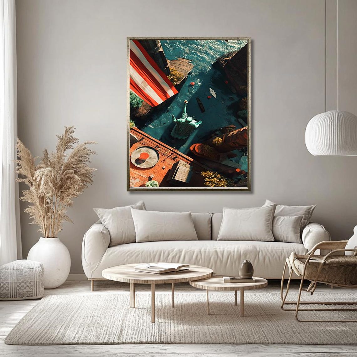 Aerial Statue Of Liberty Harbor View With American Flag Poster