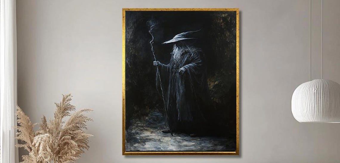 Dark Wizard Holding a Staff in a Shadowy Forest Fantasy Poster