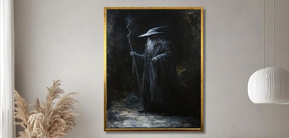 Dark Wizard Holding a Staff in a Shadowy Forest Fantasy Poster