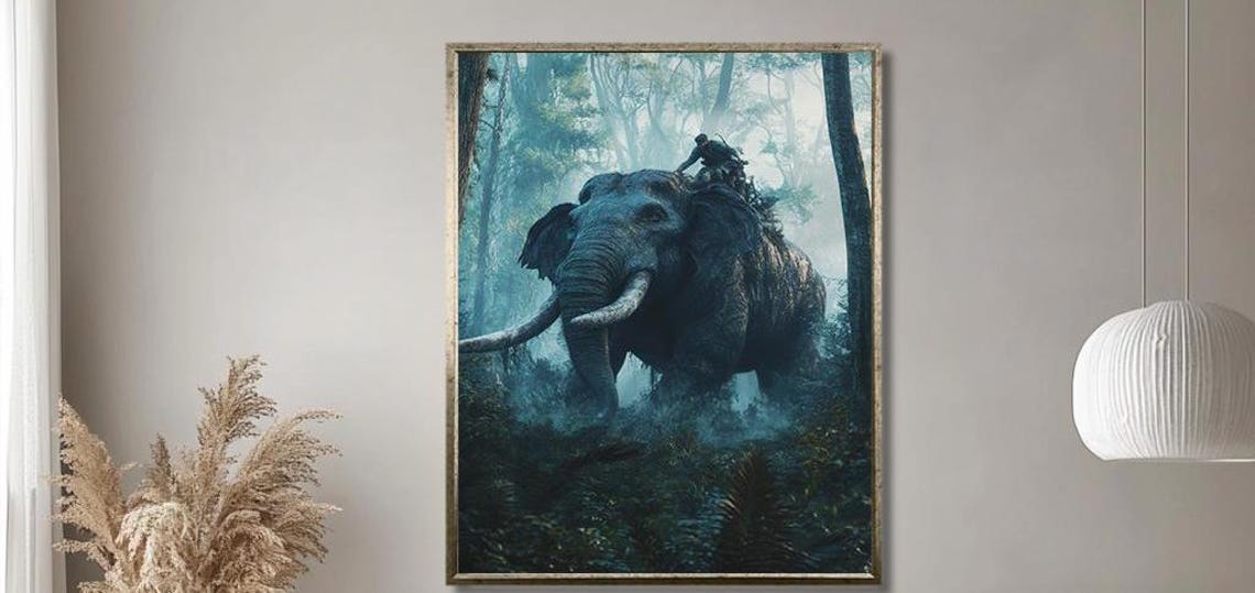 Elephant With Rider in Misty Jungle Forest Wildlife Art Poster