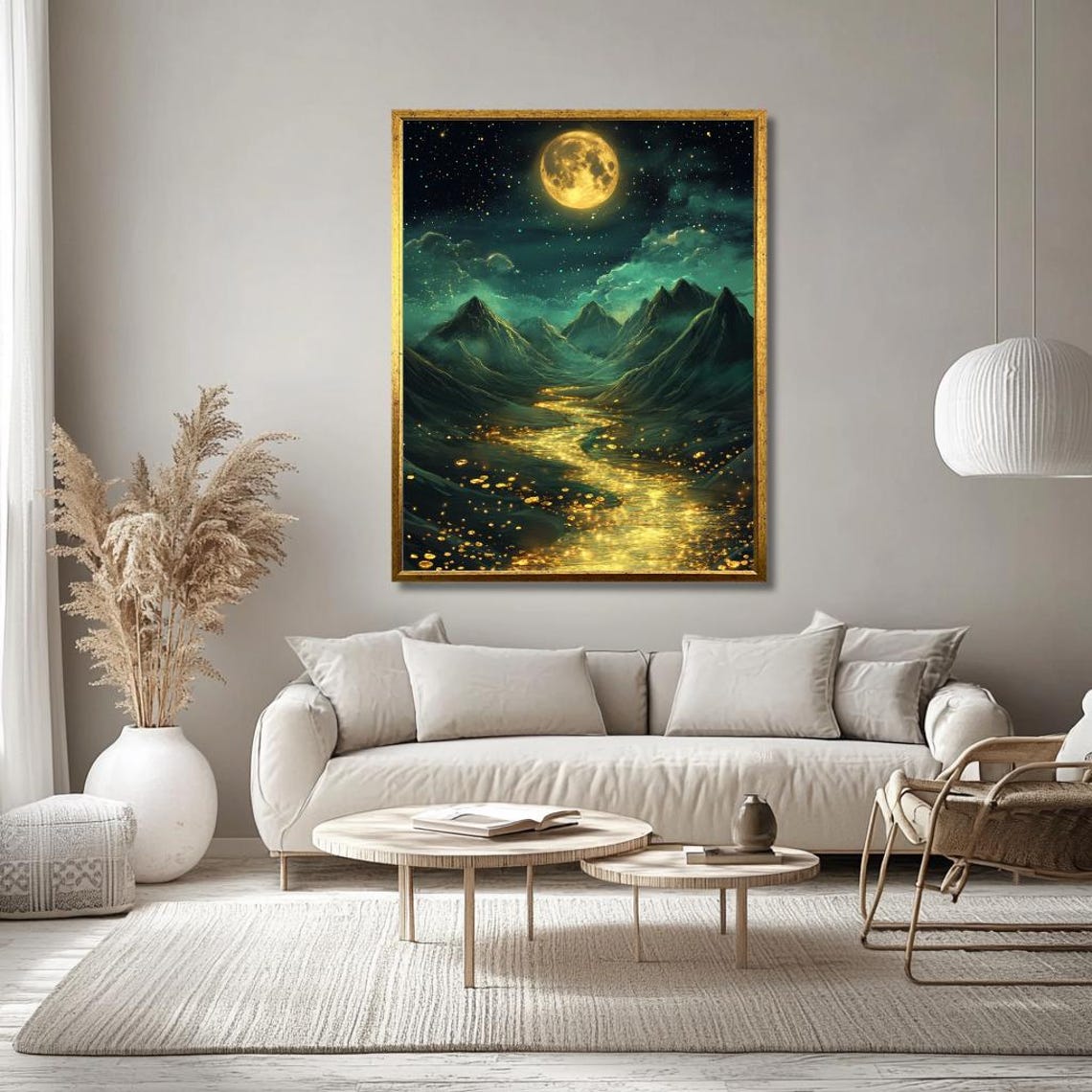 Moonlit Mountain River Wall Art Enchanted Golden River Under Full Moon With Starry Sky Mystical Landscape Decor For Living Room - Image 3