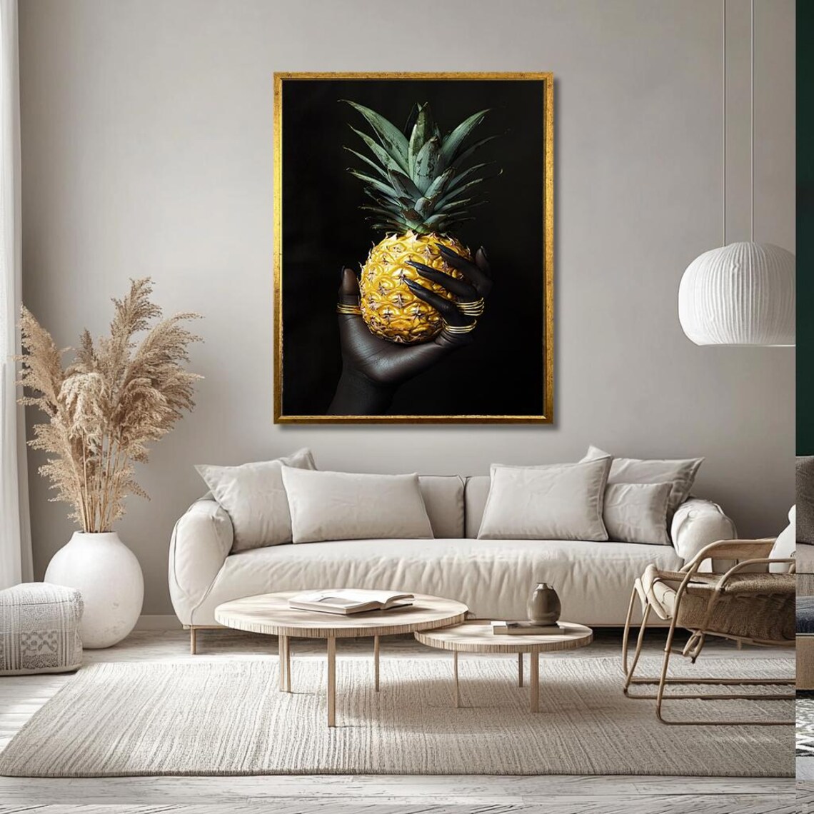 Modern Black And Gold Pineapple Art Print Luxury Hand Holding Pineapple Wall Decor Dark Minimalist Wall Art For Living Room - Image 3