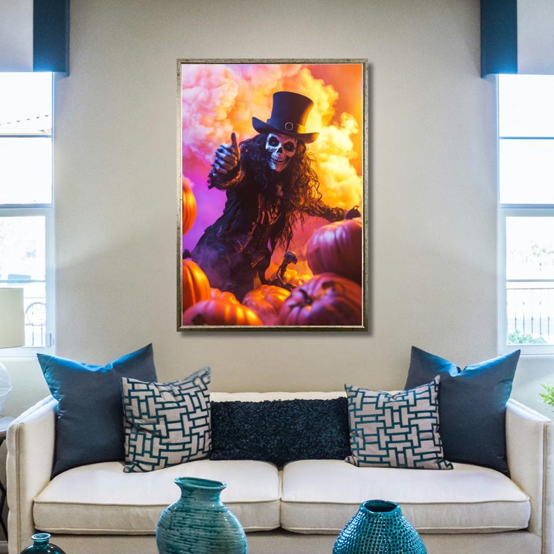 Spooky Skeleton Gentleman in Top Hat with Pumpkins Halloween Poster - Image 2