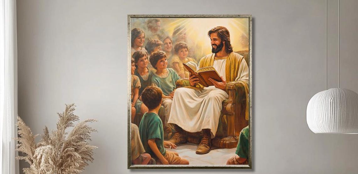 Jesus Reading From a Book to a Gathering of Attentive Children Poster