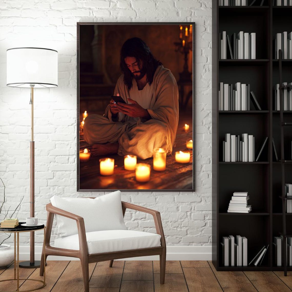 Jesus Christ Praying Among Glowing Candles Night Religious Print - Image 2