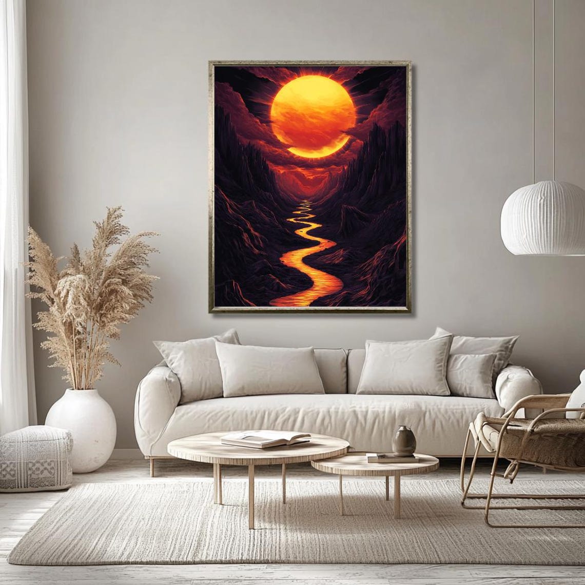 Fiery Orange Sun Over Dark Canyon Glowing River Surreal Poster - Image 3
