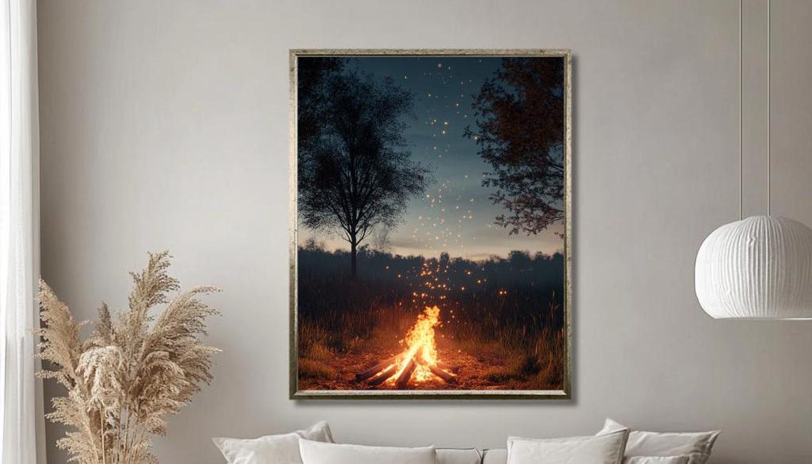 Cozy Campfire Under Starlit Sky Wall Art Serene Evening Landscape With Glowing Fire And Sparkling Embers Nature Inspired Decor - Image 3