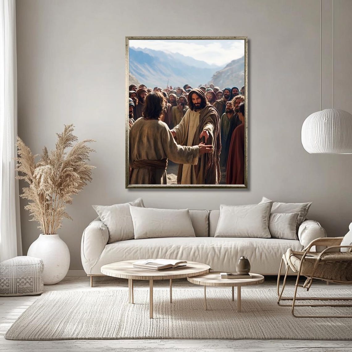 Jesus Reaching Out to a Follower Before a Mountain Crowd Poster - Image 2