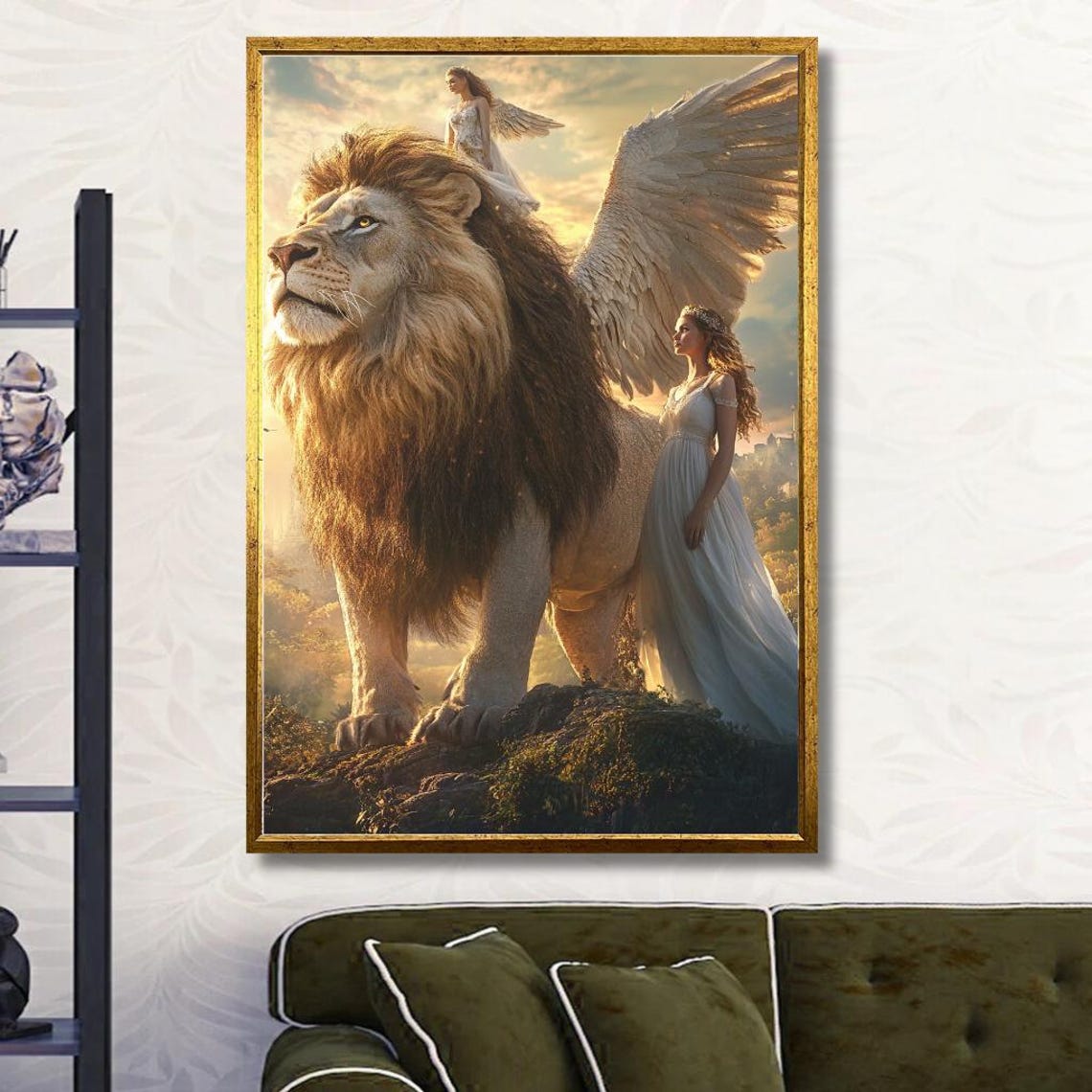 Angelic Lion and Angel Guardian Sunset Sky Fantasy Art Poster - Image 3
