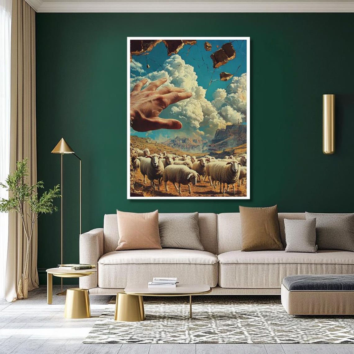 Surreal Sheep Herd Under a Giant Hand in a Cracked Desert Sky Poster - Image 2