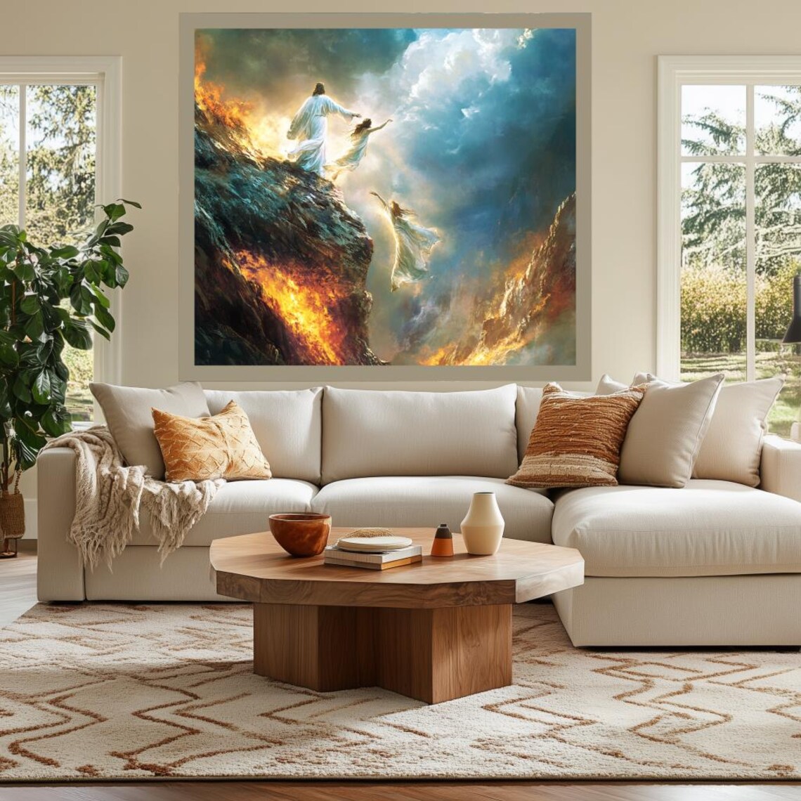 Christ Lifting a Soul to Heaven Above Flames on a Rocky Cliff Poster - Image 3