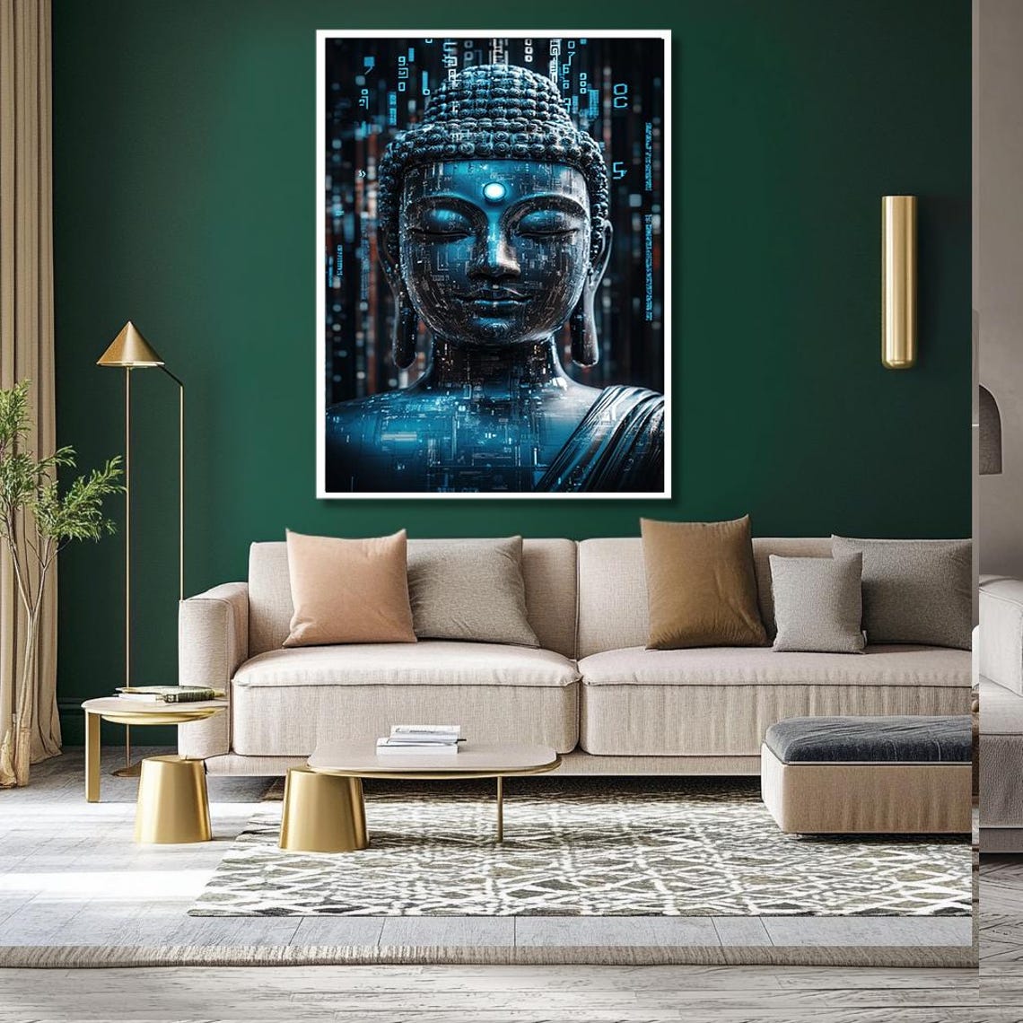 Cyber Buddha Art Print Futuristic Buddha Wall Decor With Tech Elements Zen And Technology Fusion For Modern Living Room - Image 2