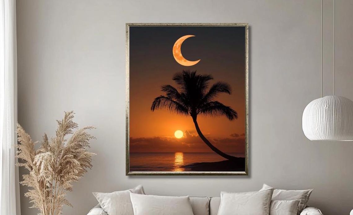 Tropical Sunset With Crescent Moon Palm Beach Silhouette Poster