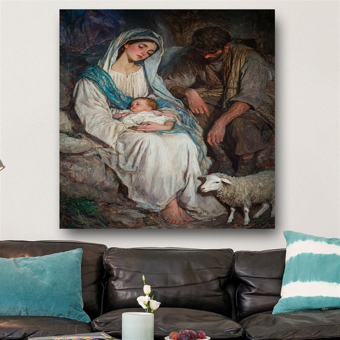 Nativity Scene Holy Family With Joseph And Lamb Christmas Poster - Image 2