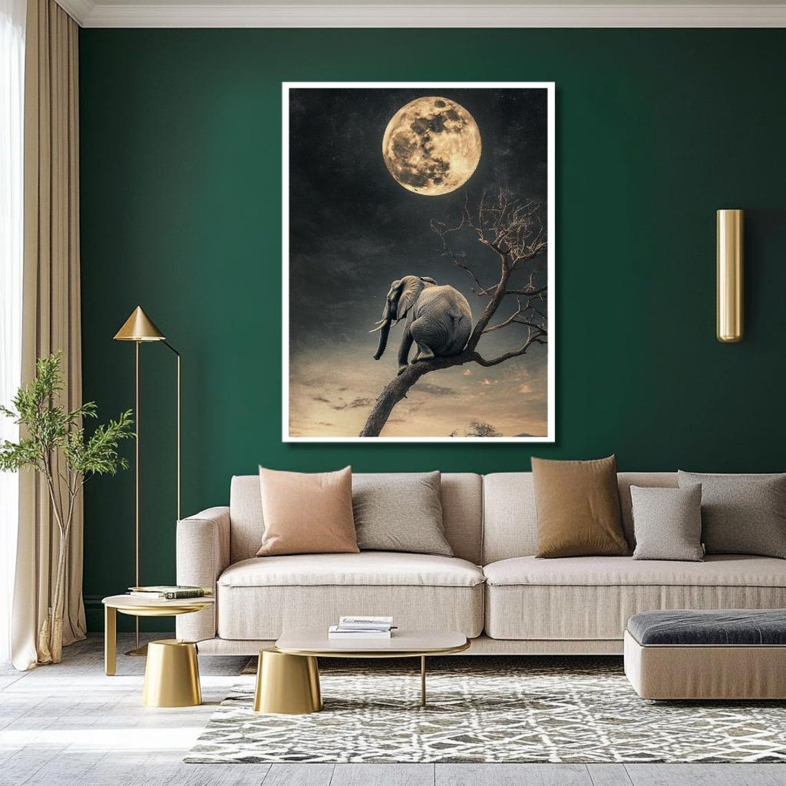Elephant Sitting On Tree Branch Under Full Moon Sepia Poster - Image 2