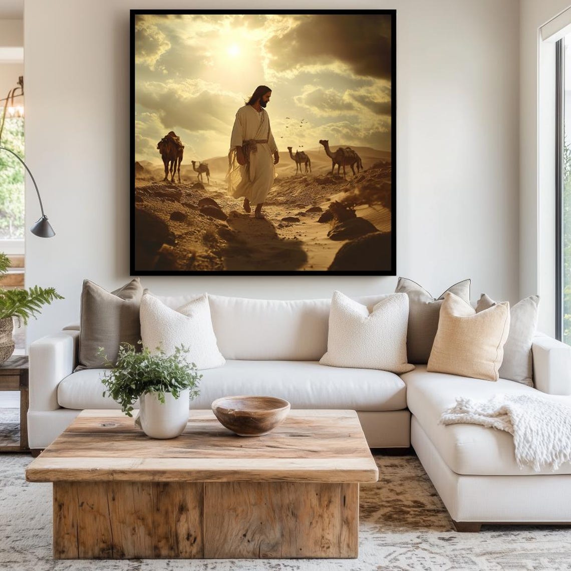 Jesus Walking Through the Desert With Camels Biblical Poster - Image 3