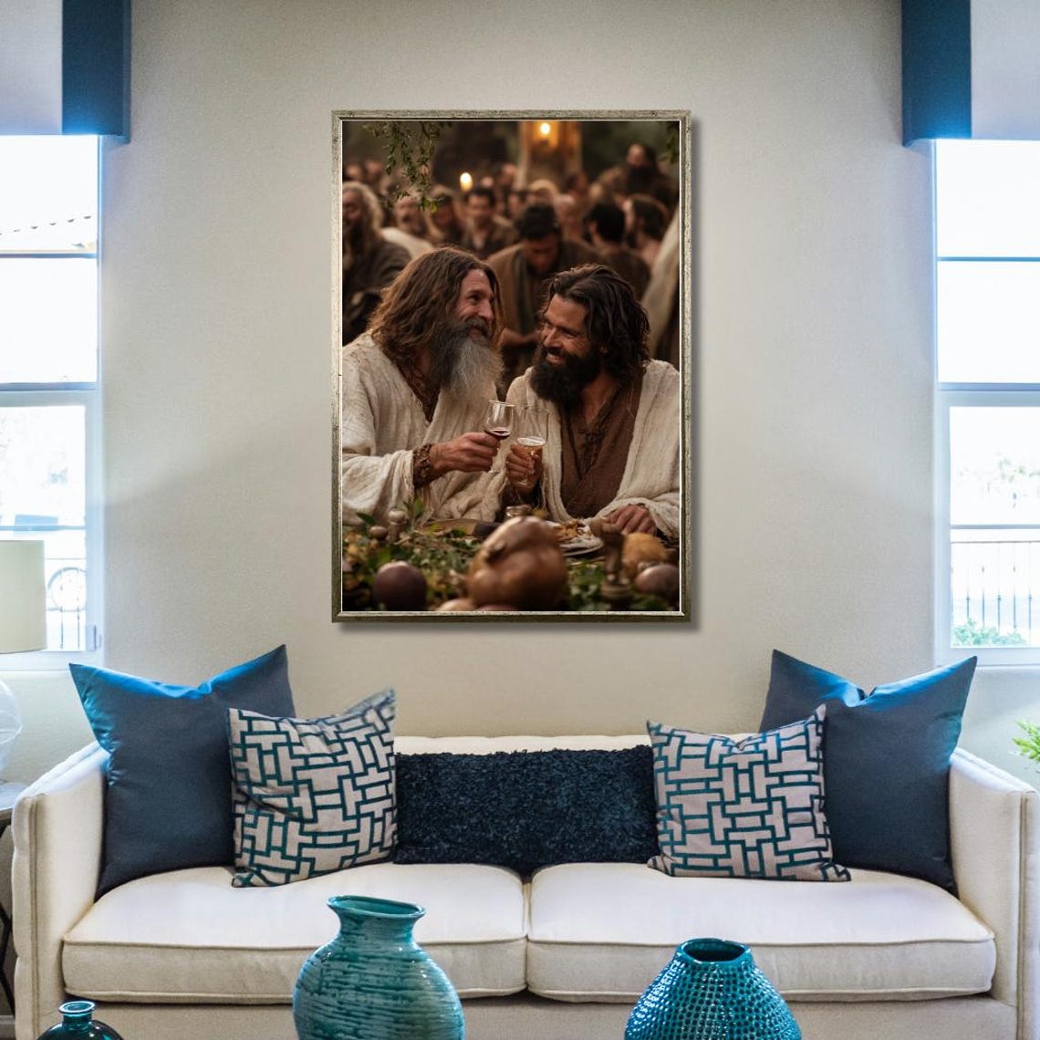 Joyful Biblical Feast Poster: Two Friends Toasting Wine at Celebration - Image 2