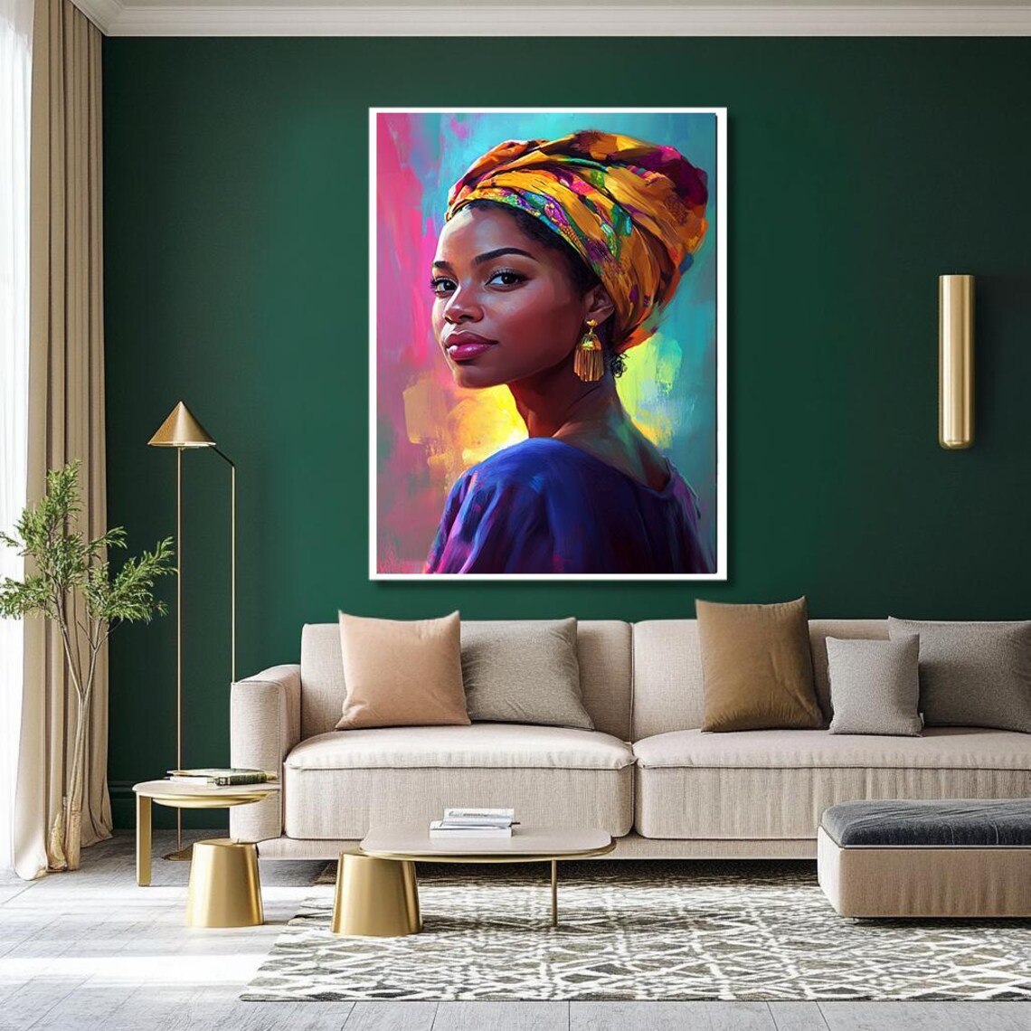 Vibrant African Woman Wall Art Colorful Portrait Painting With Headwrap Unique Wall Decor For Living Rom - Image 3