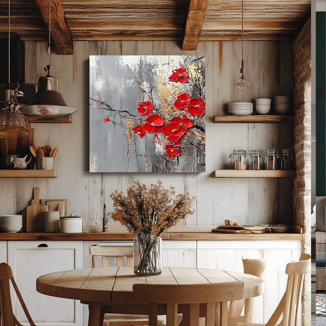 Red Blossom Branches On Grey And Gold Textured Floral Poster - Image 3