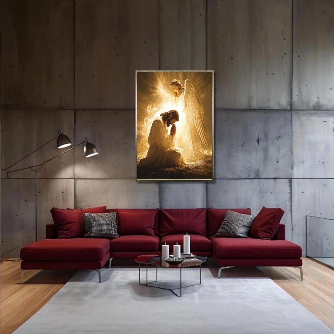 Guardian Angel Comforting Praying Jesus In Golden Light Poster - Image 2