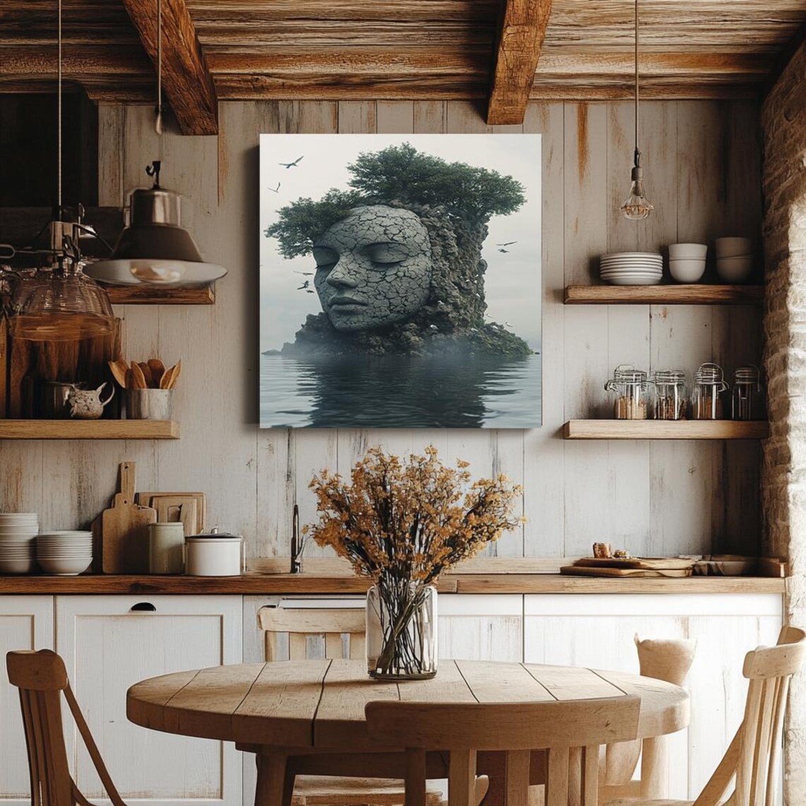 Grey Stone Face Island in Still Misty Water Monochrome Print - Image 2