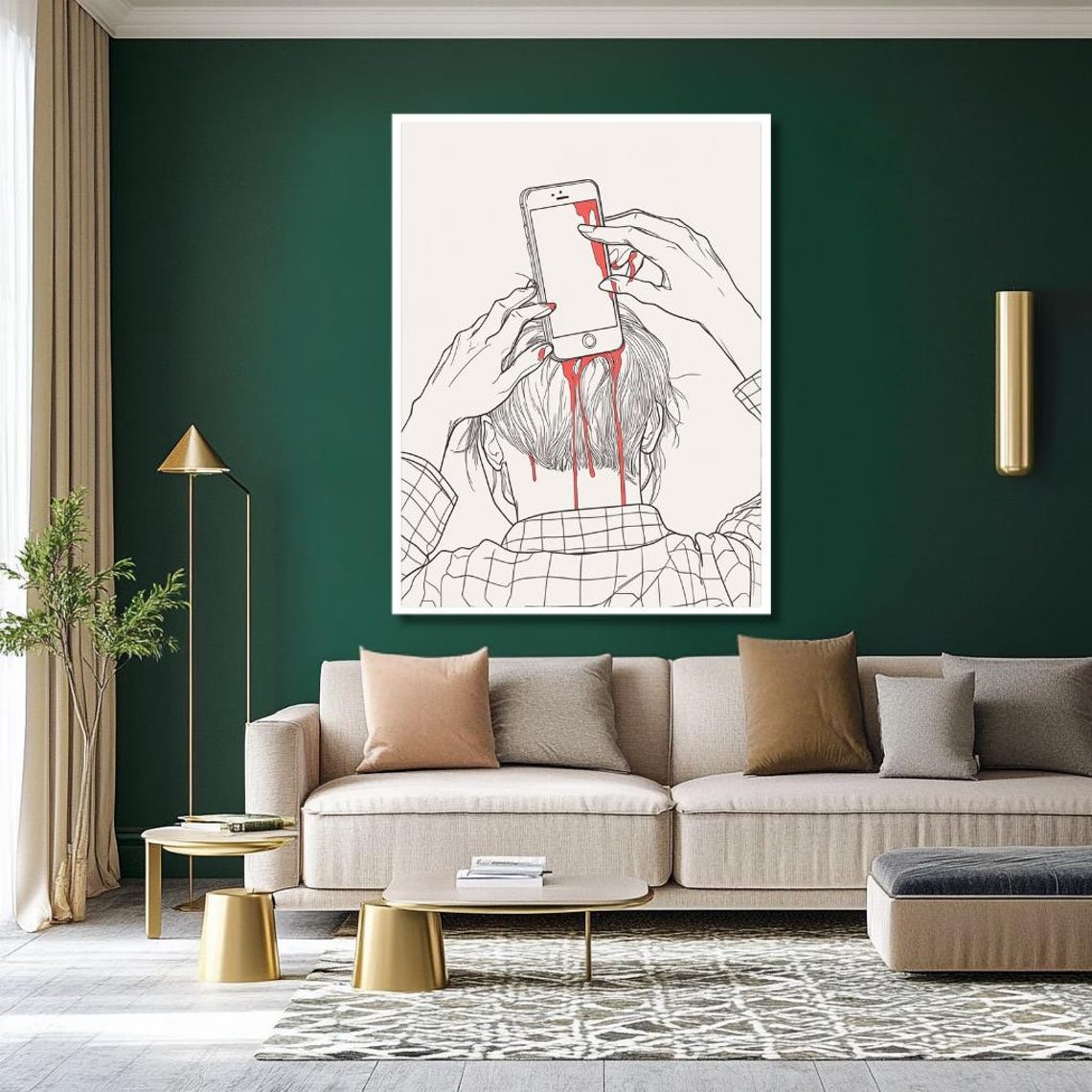 Minimalist Smartphone Addiction Line Art With Red Paint Drips Poster - Image 2