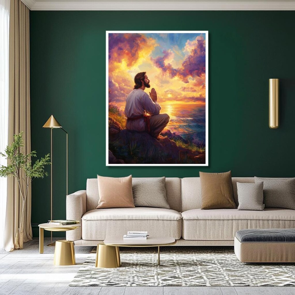 Jesus at Prayer Poster: Kneeling Before a Blazing Sunset Over the Ocean - Image 2